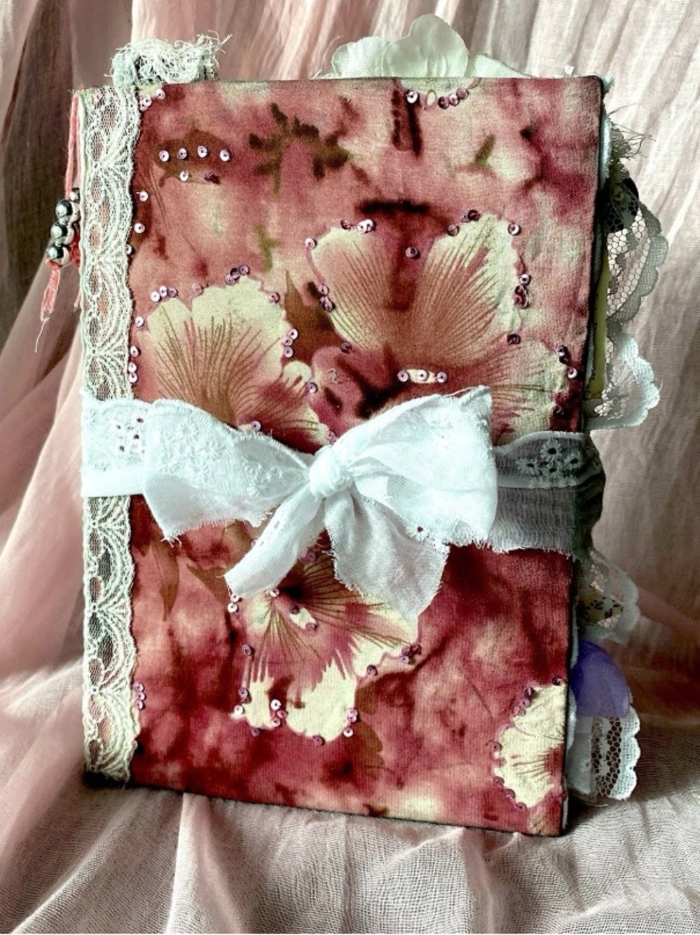 Handmade Vintage Silk Fabric Junk Journal Book Romantic Floral 2 Signatures Lace